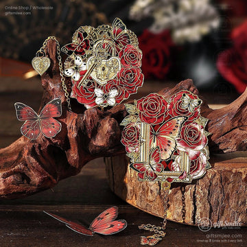 Victorian steampunk brooch with red roses, golden key, and butterflies