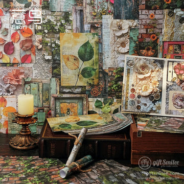 A captivating display of vintage scrapbooking material paper featuring floral patterns, rustic doors, and antique designs
