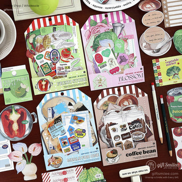 A colorful mix of Japanese-themed food stickers, including ramen, sushi, coffee, and fresh produce, displayed on a wooden table