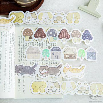 Kawaii animal stickers with cats, dogs, and mushrooms in a whimsical watercolor style
