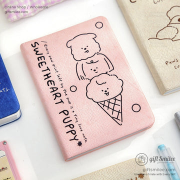 Pink puppy-themed journal with Sweetheart Puppy design featuring ice cream and adorable cartoon puppies