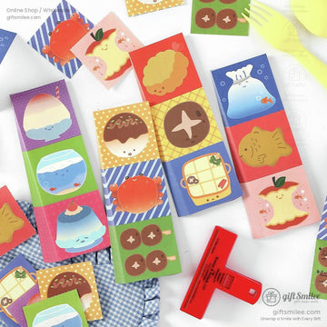 Colorful kawaii Japanese food-themed stickers on a vibrant background, perfect for journaling and crafts