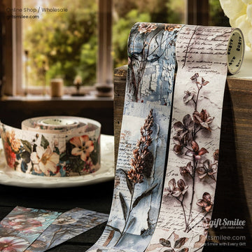 Close-up of vintage floral washi tape with botanical designs in warm tones