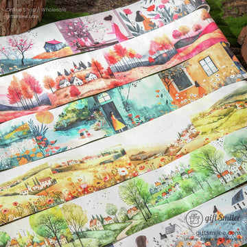 Vibrant washi tape rolls featuring scenic countryside landscapes and seasonal designs