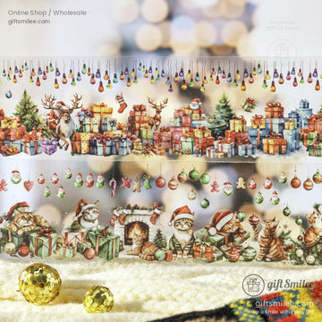 Close-up of Christmas-themed washi tape with festive gifts, Santa, and reindeer