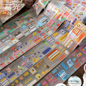 Glittery Japanese supermarket-themed washi tape with colorful designs