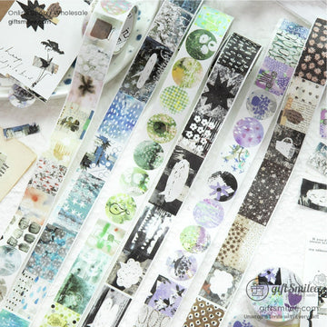 A close-up of vintage collage washi tape rolls with retro aesthetic patterns, perfect for scrapbooking and journaling