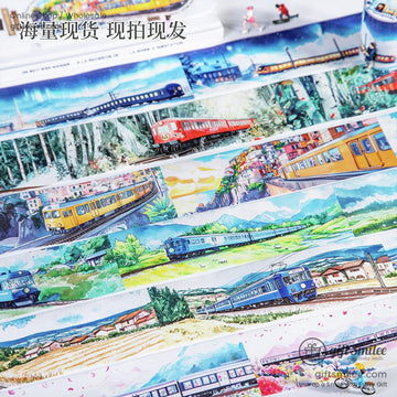 A colorful array of train-themed washi tape rolls featuring vintage railway and scenic landscapes