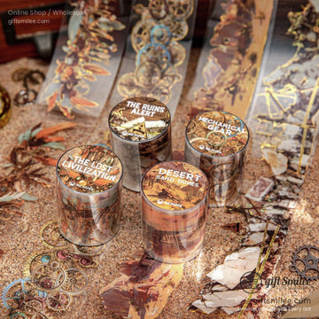 Close-up of steampunk-themed washi tape rolls featuring mechanical gears and vintage designs