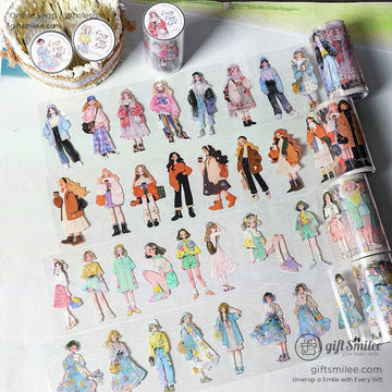 Fashionable girl-themed washi stickers on a light background