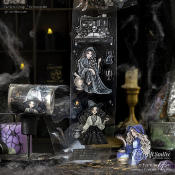 Close-up of witch-themed washi tape roll featuring illustrations of witches, cauldrons, and magical symbols in a gothic aesthetic