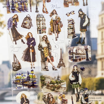 A collection of Parisian chic girl-themed stickers featuring fashion outfits, travel scenes, and iconic Paris landscapes
