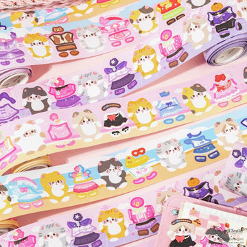 Close-up of colorful cat-themed washi tape rolls with adorable designs