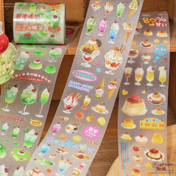 Glittery washi tape featuring Japanese desserts like parfaits and puddings