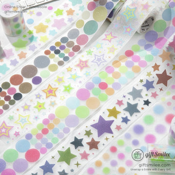 Holographic washi tape with pastel stars and circles for journaling and scrapbooking