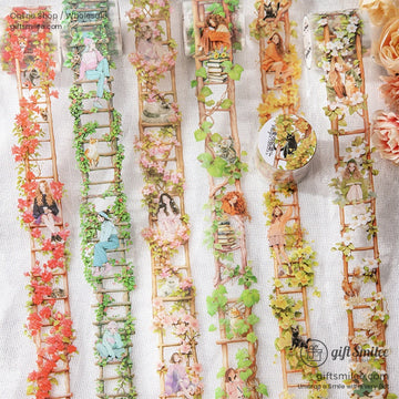 A selection of ladder-themed washi tapes featuring floral and character illustrations in vibrant colors