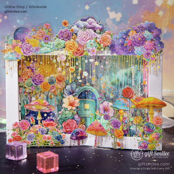 A watercolor fantasy scene featuring dreamy flowers, colorful mushrooms, and a magical door.