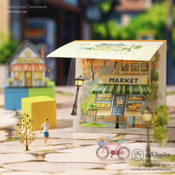 Miniature small town 3D paper puzzle with a market and street scene