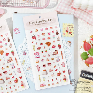 ** Aesthetic strawberry-themed stickers featuring pastries, fruits, and kitchenware for journaling and scrapbooking.
