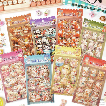 A collection of kawaii animal stickers featuring foxes, bunnies, pandas, bears, and cats in colorful packaging