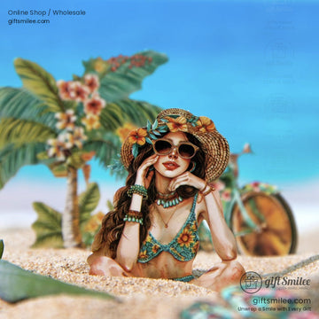 A vibrant boho-themed sticker featuring a woman in a sunflower bikini on a tropical beach with palm trees.