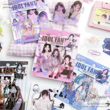 Close-up of three anime girl stickers in a kawaii idol fantasy style, featuring stylish outfits and vibrant colors.