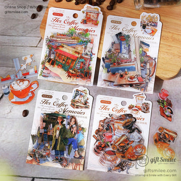 Her Coffee Memories sticker set featuring vintage coffee shop illustrations