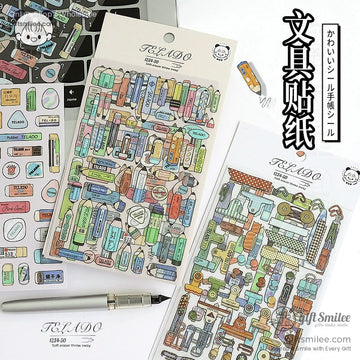 A set of stationery-themed decorative stickers featuring colorful pencils, erasers, and vintage designs