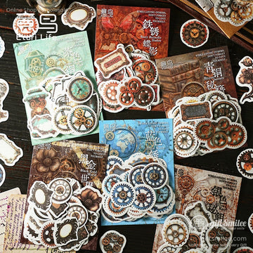 Steampunk gear and clock stickers with intricate retro design on a wooden desk