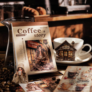 Coffee Story Sticker Book displayed on a wooden table with a cup and coffee beans