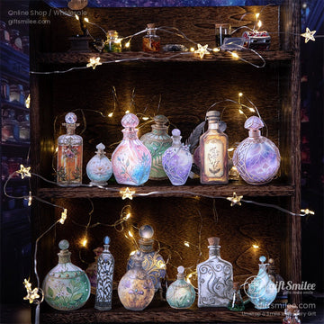 A wooden shelf adorned with magical potion bottle stickers glowing under fairy lights, showcasing vintage fantasy designs