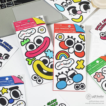 Pack of colorful mood magnifying glass stickers with vibrant cartoon faces