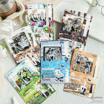 Image of six vintage-themed sticker sets featuring travel, coffee, and sunset designs for scrapbooking