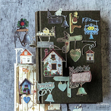 A collection of rustic vintage home sign stickers on a dark journal background