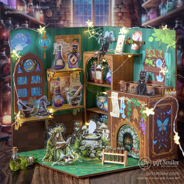 A magical witch apothecary diorama with potion shelves, a fireplace, and twinkling string lights