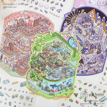 Colorful sticker sheet featuring whimsical miniature cartoon worlds, with vibrant details of cozy rooms and adorable characters