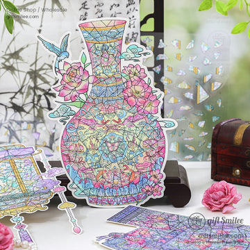 Vibrant oriental stained glass vase puzzle with lotus and hummingbird design