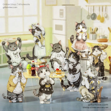 Adorable cat standees in a cozy kitchen setting with food and drinks