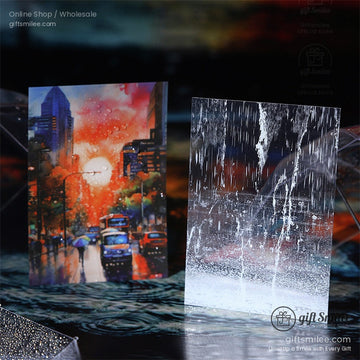 A vibrant rainy cityscape sticker featuring glowing streetlights and blurred raindrops