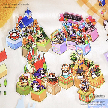 A vibrant 3D sticker set featuring cute animal characters in a fantasy village scene with castles and colorful houses