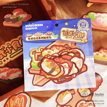 Close-up of Japanese sushi-themed sticker pack with vibrant Kawaii design