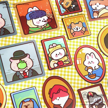 Cute animal portrait stickers in cosplay outfits on a yellow background