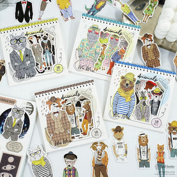 A set of vintage animal hipster stickers featuring cats, bears, and other animals in stylish outfits