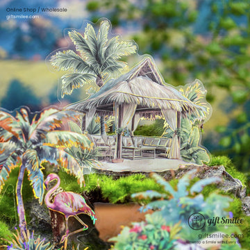 A tropical beach hut with palm trees and a flamingo in a lush, green setting