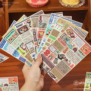 Hand holding vintage Japanese food-themed stickers with retro design