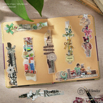 A collection of vintage-inspired scrapbooking stickers displayed on a journal page with intricate designs and retro vibes