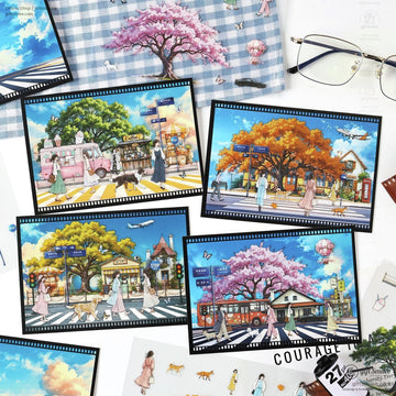 Spring-themed anime sticker featuring cherry blossoms and a traditional street scene with pastel colors