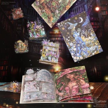 A whimsical sticker book featuring magical witchcraft designs, surrounded by celestial and botanical themes