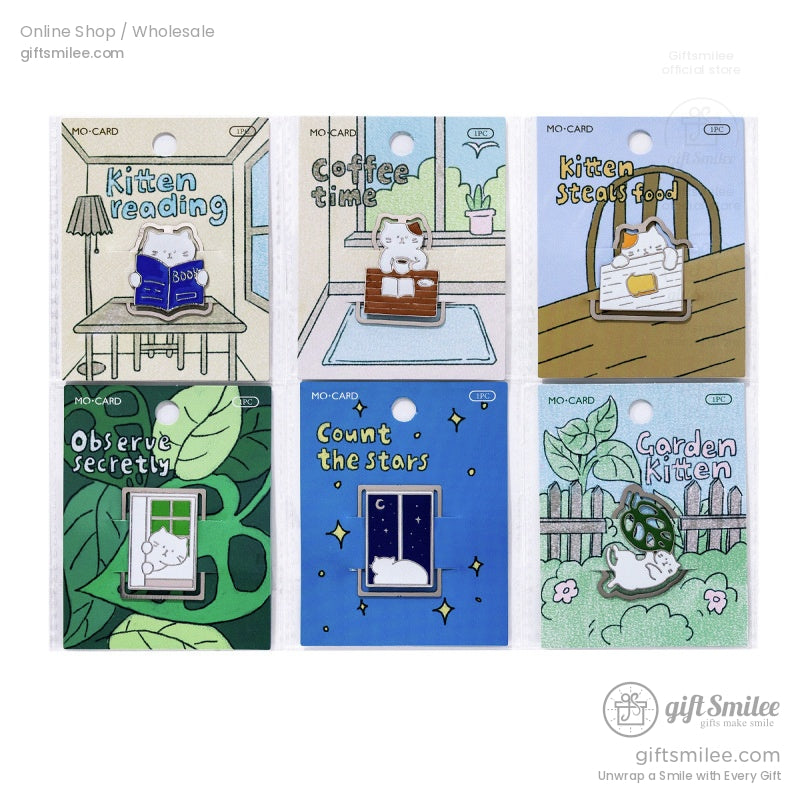 Full set of six packaged cute cat enamel bookmarks with unique themes.