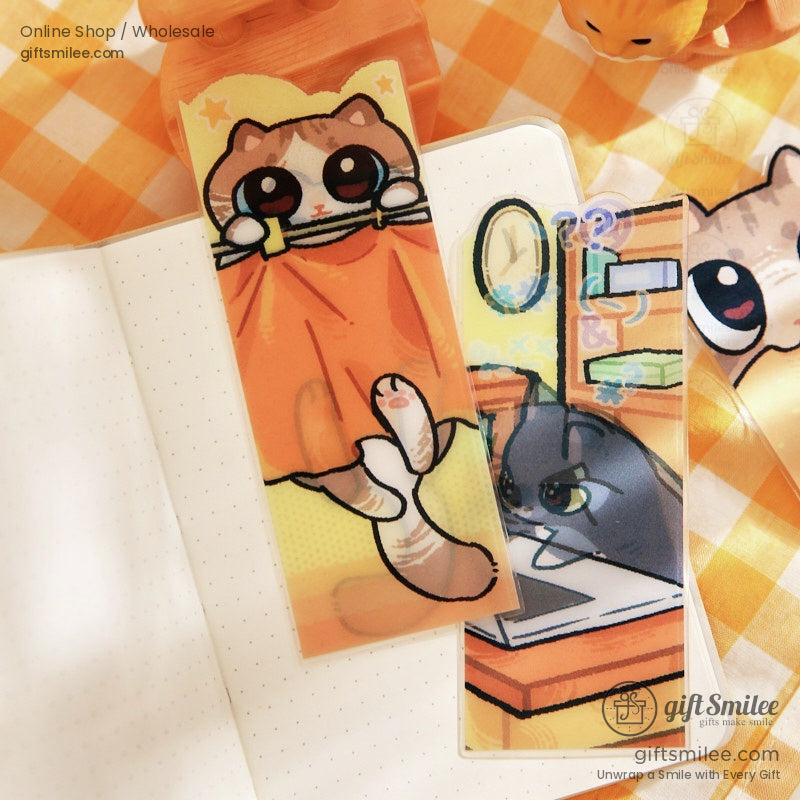 Illustrated cat bookmarks showcasing adorable cats with creative backgrounds